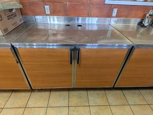 lot 43 image: DUKES COMMERCIAL STAINLESS STEEL PREP TABLE WITH CABINETS (DOUBLE DOOR)