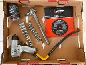 lot 98 image: Box of Misc Hand Tools, Sockets, Saw Blade, Bungee Cords