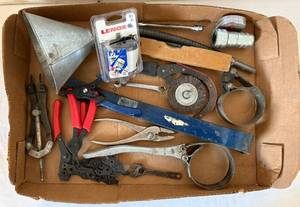 lot 99 image: Box of Misc Tools Including Funnel, Pliers, Hole Saw, and More
