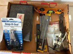 lot 105 image: Box of Misc Hand Tools Helicoil Repair Set, Compression Connector, Bostitch Level, Stanley Carbide Rod Saw, and More