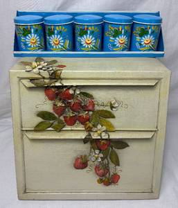 lot 60 image: Vintage Tin Pie Safe with 3D Strawberries and Vintage Ransburg Blue Metal Wall Hanging Spice Canister Set