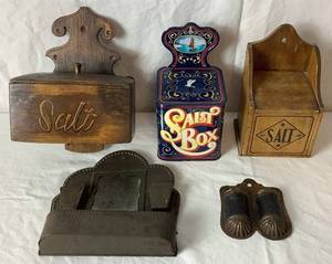 lot 17 image: Old Tyme Salt Boxes and Two Antique Tin Wall Mount Match Holders