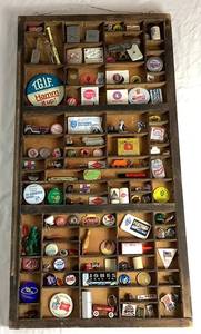 lot 15 image: Vintage Wood Printers Letter Tray Display Filled with Assorted Memorabilia