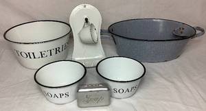 lot 36 image: Vintage Toiletries Enamelware Bundle - Wall Mount Shave StandSoap Stand, Farmhouse Wash Basin, 2 Soap Bowls and 1 Toiletries Bowl