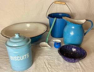 lot 34 image: Vintage Blue Enamelware Bundle - Basin Bowl, Pictcher, Biscuit Jar, Dipper, Blue Speckled Bowl and Blue Pail and Butter Warmer