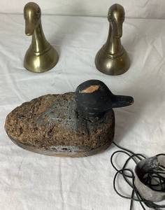 lot 9 image: Vintage Brass Mallard Duck Bookends and Antique Hand Carved Cork Duck Decoy