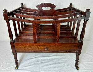 lot 42 image: Antique Mahogany Canterbury Magazine Rack with Drawer