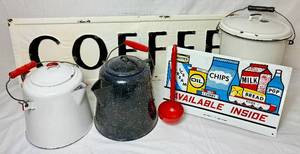 lot 33 image: Vintage Enamelware Bundle - 2 Coffee Pots, Coffee Sign, Stock Pot with Lid, Snack Sign, and Ladle