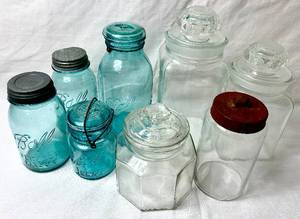 lot 11 image: Vintage Blue Ball Jars and Storage Glass Jar Bundle