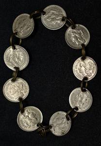 lot 13 image: Antique Coin Bracelet with 9 American Three Cent Coins from 1860s (coins were minted from 1865-1889)