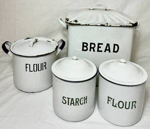 lot 35 image: Vintage White & Dark Blue Enamelware Kitchen Bundle - Bread Tin, Flour Pot, Flour & Starch Containers
