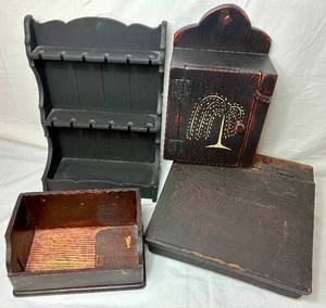 lot 43 image: Vintage Wood Collection - Wall Box with Door, Folding Writing Desk, Spoon Display and Mail Holder Rack and Storage Box