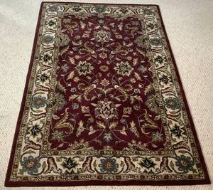 lot 70 image: Hand Tufted Red & Beige 5 X 8 Wool Area Rug