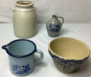 lot 59 image: Cream & Blue Bundle of Pottery and Enamelware Milk Pitcher