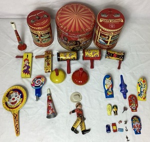 lot 91 image: Vintage Tin Toy Assortment - 1929 Tin Cowboy from Whoopee Car, Noisemakers, Clicker Toys, Horns and Push Spinner Toy  with 3 Circus Tins