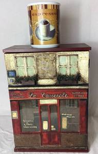 lot 88 image: 3D French Bistro Caf Storefront Wall Cabinet and Espresso Ceramic Utensil Holder