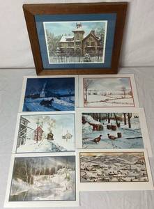 lot 67 image: Smead Manufacturing Company 6 Vintage Christmas Card Prints and Framed Print of General William G. LeDuc Mansion in Hastings, MN