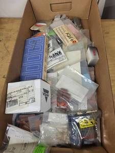 lot 66 image: Box of Assorted Electronic Connectors, Resistors, and Hardware Components