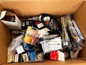 lot 5 image: Box of Industrial Electrical Parts and Controls Including Allen-Bradley, Relays, Adapters, and Connectors