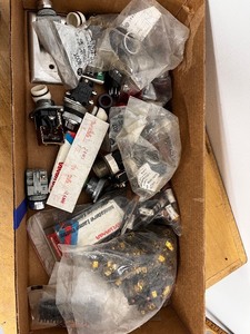 lot 109 image: Box of Electrical Hardware and Accessories, Sylvania Bulbs, Allen-Bradley Parts