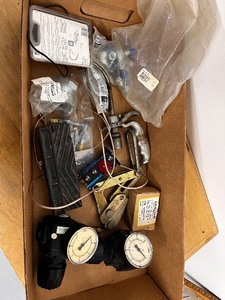 lot 118 image: Box of Assorted Pneumatic and Plumbing Parts, Valves, Gauges, Fittings, and Tools