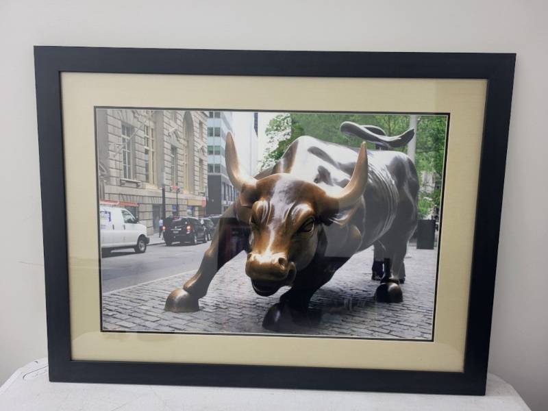 lot 17SN image: Framed Wall Street Bull Photo Print with Black Frame 29x39 Inches