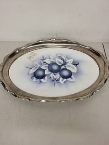 lot 14P image: Oval Porcelain Serving Tray with Silver Tone Edge and Blue Fruit Design
