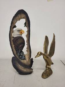 lot 17P image: Bald Eagle Feather Sculpture and Brass Flying Duck Figurine