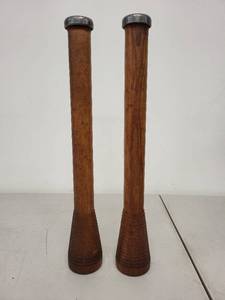 lot 24P image: Pair of Vintage 12 Inch Wooden Textile Mill Bobbins with Metal Ends