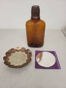 lot 27P image: Vintage Frankfort Distillery Amber Bottle and Silver-Plated Coasters Set