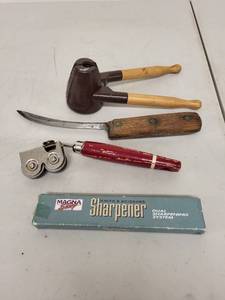 lot 28P image: Vintage Kitchen Utensil Lot with Knife, Can Opener, Nutcracker, and Knife Sharpener