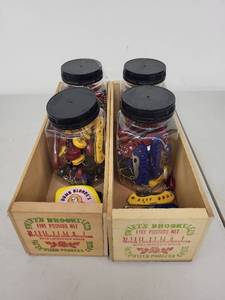lot 36P image: Set of 4 Jars with Ridge Runner Miniature Knives and Keychains in Wooden Cheese Crates