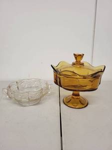 lot 37P image: Amber Glass Compote with Lid and Clear Glass Candy Dish