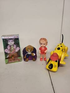 lot 44P image: Collection of Vintage Toys Including Bunny Bank, Beauty and the Beast, and Others