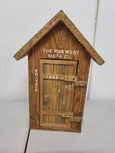 lot 68P image: Vintage Miniature Wooden Outhouse Pub West Vista CA 1986