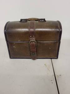 lot 77P image: Vintage MCD Maple Core Divestco Domed Metal Lunch Box with Leather Strap