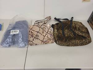 lot 122P image: Lot of 3 Tote Bags Including Victorias Secret PINK, Cherub Tapestry, and Leopard Print