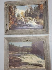 lot 124P image: Pair of Framed River Landscape Prints in Rustic Wood Frames