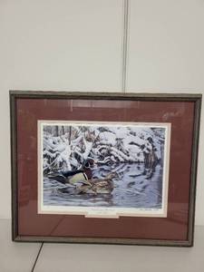 lot 128P image: Framed Jim Kasper Print Fickle Springtime-Wood Ducks Signed 1994
