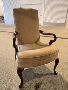 lot 2H image: Vintage Queen Anne Style Parlor Armchair - Carved Walnut Wood, Beige Upholstery, 42 in H x 24 in W - See lot 5H for matching chair