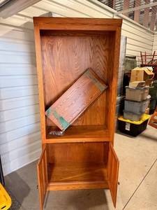 lot 3H image: Solid Oak Wood Cabinet Bookcase - Upper Open Compartment with Three Shelves & Lower Double Doors  PLEASE NOTE ALTERNATE PICK UP LOCATION
