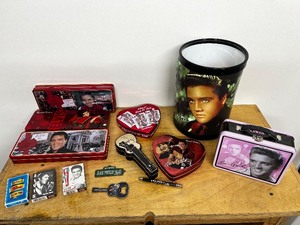 lot 11CL image: Elvis Presley Collectibles Lot - Tins, Coasters, Cards, Trash Can, Mini Lunchbox