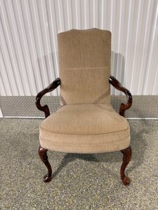 lot 5H image: Vintage Queen Anne Style Parlor Armchair - Carved Walnut Wood, Beige Upholstery, 42 in H x 24 in W - See Lot 2H for Matching Chair