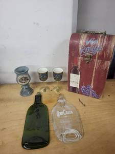 lot 9AW image: Wine Glassware and Decor Collection with Vintage Goblets, Glass Bottles, and Wooden Case