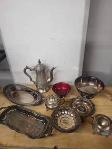 lot 12AW image: Vintage Silver-Plated Tea Set and Serving Pieces Assortment