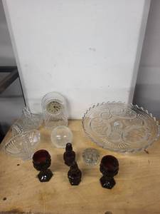 lot 17AW image: Collection of Vintage Glassware, Cake Stand, Red Goblets, and Princess House Clock