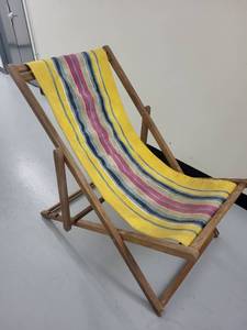 lot 61 image: Folding Wooden Deck Chair with Striped Canvas Seat