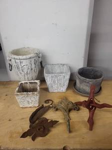 lot 67 image: Collection of 3 Decorative Cement Planters with Metal Garden Ornaments