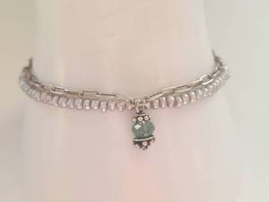 lot 2Q image: Sterling Silver Pearl Bracelet with Green Stone Charm