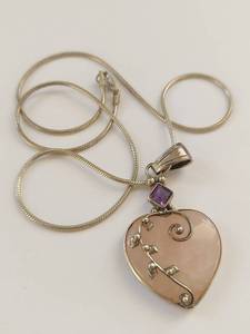 lot 4Q image: Sterling Silver Rose Quartz & Amethyst Necklace